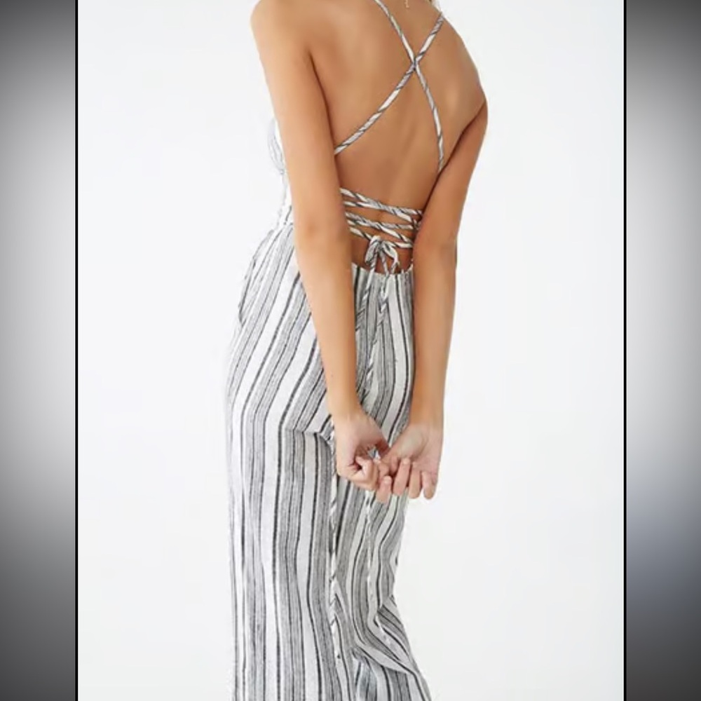 Nwt Forever 21 Criss Cross Tie Back Jumpsuit Stripes Small